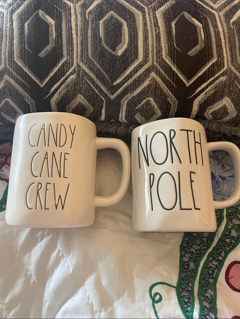 Set of 2 White Ceramic Holiday Mugs — "Candy Cane Crew" & "North Pole" Rae Dunn